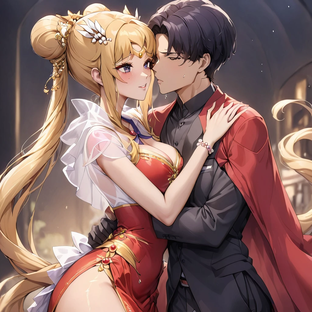 ((Highest quality)), ((masterpiece)), (detailed), （Perfect Face）、The woman is wearing a gorgeous, glittering, long-slit, red see-through Chinese dress with gold embroidery, a red veil and a red see-through cape, a gorgeous hair ornament, and gorgeous jeweled accessories.、The woman is the elegant Tsukino Usagi, with long blonde hair in a chignon twin tail.、A woman is being embraced and kissed by a man dressed in Hanfu.