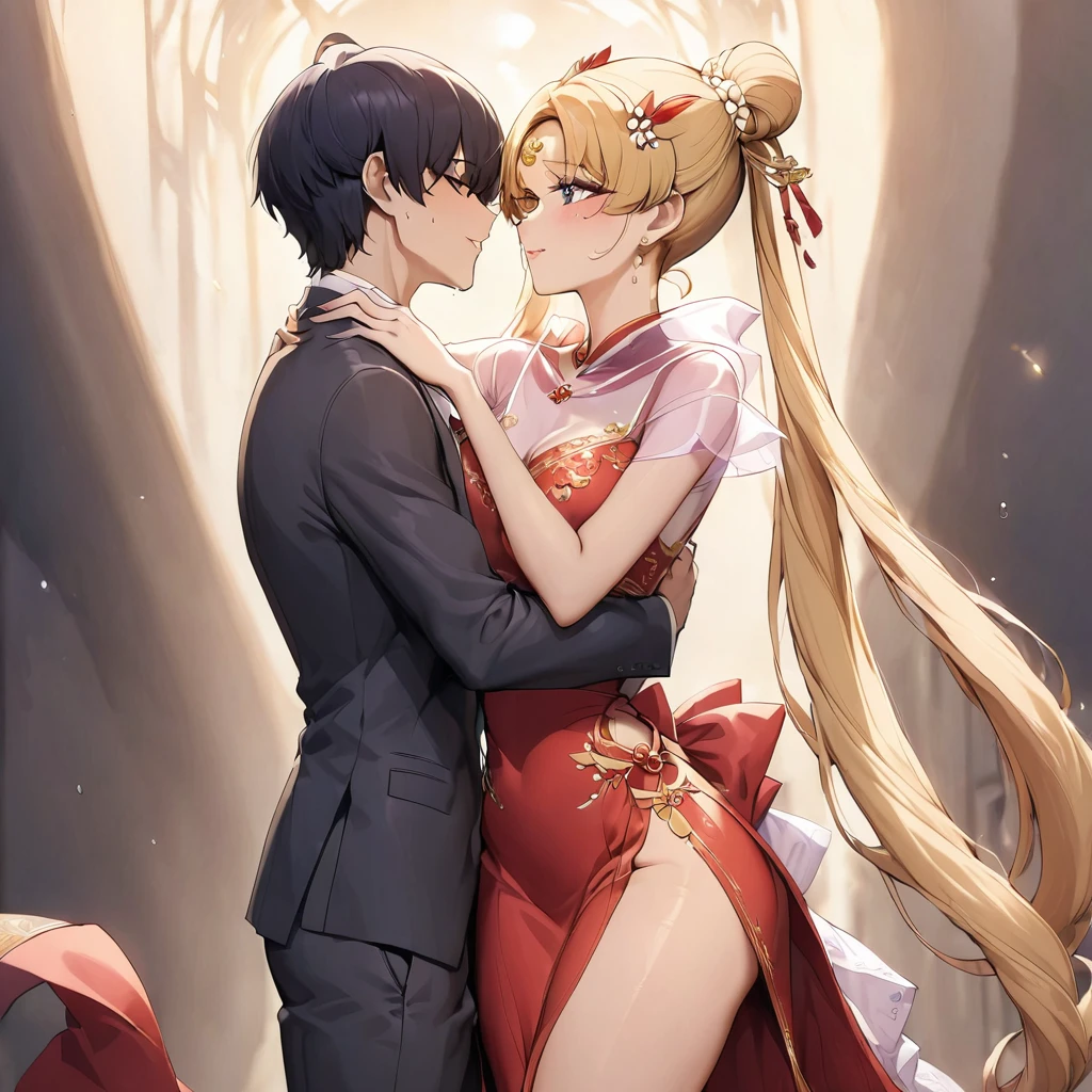 ((Highest quality)), ((masterpiece)), (detailed), （Perfect Face）、The woman is wearing a gorgeous, glittering, long-slit, red see-through Chinese dress with gold embroidery, a red veil and a red see-through cape, a gorgeous hair ornament, and gorgeous jeweled accessories.、The woman is the elegant Tsukino Usagi, with long blonde hair in a chignon twin tail.、A woman is being embraced and kissed by a man dressed in Hanfu.