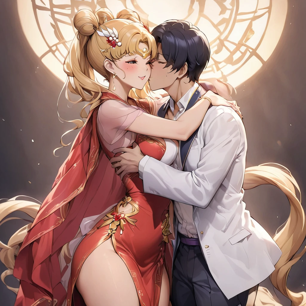 ((Highest quality)), ((masterpiece)), (detailed), (Perfect Face)、The woman is wearing a gorgeous, glittering, long-slit, red see-through Chinese dress with gold embroidery, a red veil and a red see-through cape, a gorgeous hair ornament, and gorgeous jeweled accessories.、The woman is the elegant Tsukino Usagi, with long blonde hair in a chignon twin tail.、A woman is being embraced and kissed by a man dressed in Hanfu.