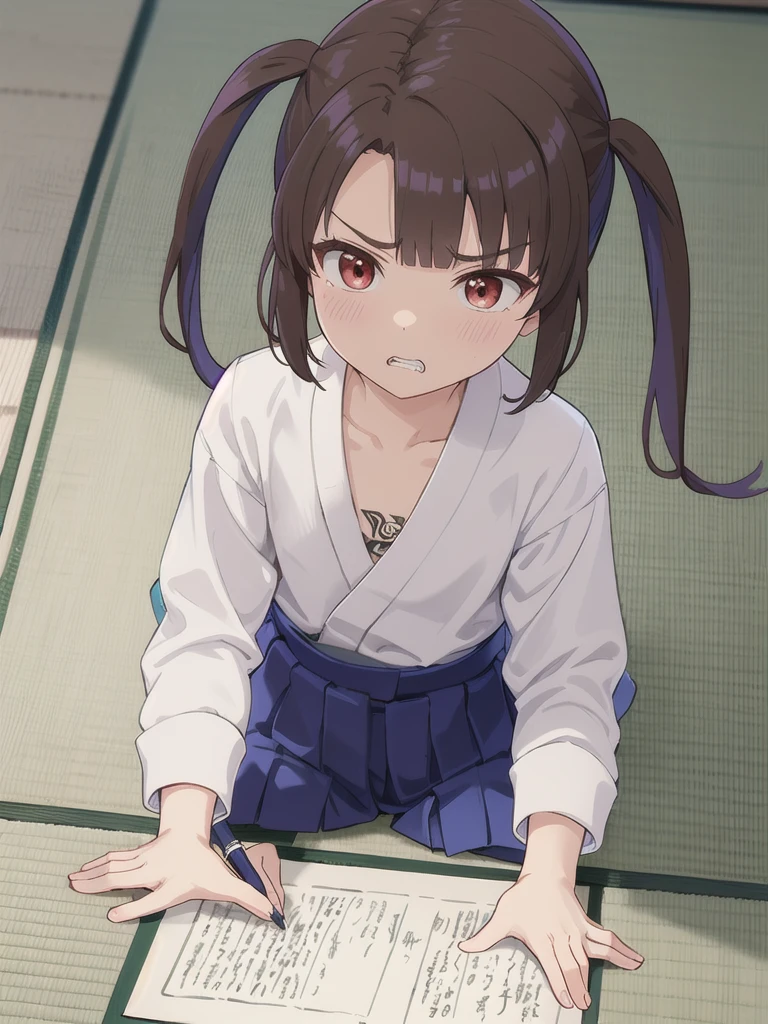 Japanese-style room,On the tatami_Sitting, indoor,1 Girl, 独奏, Red eyes, Twin tails, brown hair,crawling,顔 focus,upper body,White shirt, bangs, eyebrows visible through hair, Flat Chest,looking at another,teeth ,annoyed,panicking,Write on loose-leaf paper with a pen,