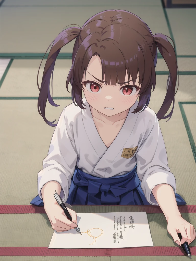 Japanese-style room,On the tatami_Sitting, indoor,1 Girl, 独奏, Red eyes, Twin tails, brown hair,crawling,顔 focus,upper body,White shirt, bangs, eyebrows visible through hair, Flat Chest,looking at another,teeth ,annoyed,panicking,Write on loose-leaf paper with a pen,