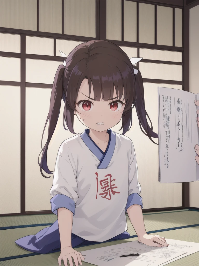 Japanese-style room,On the tatami_Sitting, indoor,1 Girl, 独奏, Red eyes, Twin tails, brown hair,crawling,顔 focus,upper body,White shirt, bangs, eyebrows visible through hair, Flat Chest,looking at another,teeth ,annoyed,panicking,Write on loose-leaf paper with a pen,