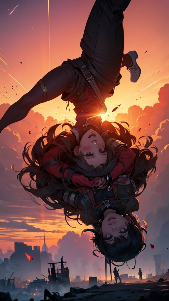 upside down world where humans are falling from a blood red sky with shooting stars destroying a monumental post apocalyptic city, masterpiece, best quality, hyper detailed, ultra detailed, ultra high definition, 8k, unreal engine 5, super sharp focus, intricate masterpiece art, golden ratio, popular on artstation