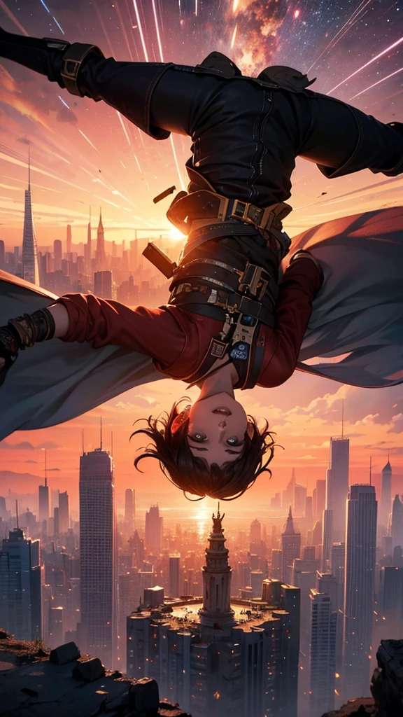 upside down world where humans are falling from a blood red sky with shooting stars destroying a monumental post apocalyptic city, masterpiece, best quality, hyper detailed, ultra detailed, ultra high definition, 8k, unreal engine 5, super sharp focus, intricate masterpiece art, golden ratio, popular on artstation