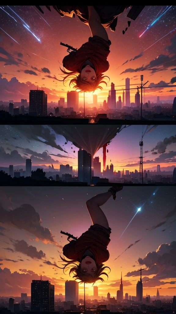 upside down world where humans are falling from a blood red sky with shooting stars destroying a monumental post apocalyptic city, masterpiece, best quality, hyper detailed, ultra detailed, ultra high definition, 8k, unreal engine 5, super sharp focus, intricate masterpiece art, golden ratio, popular on artstation