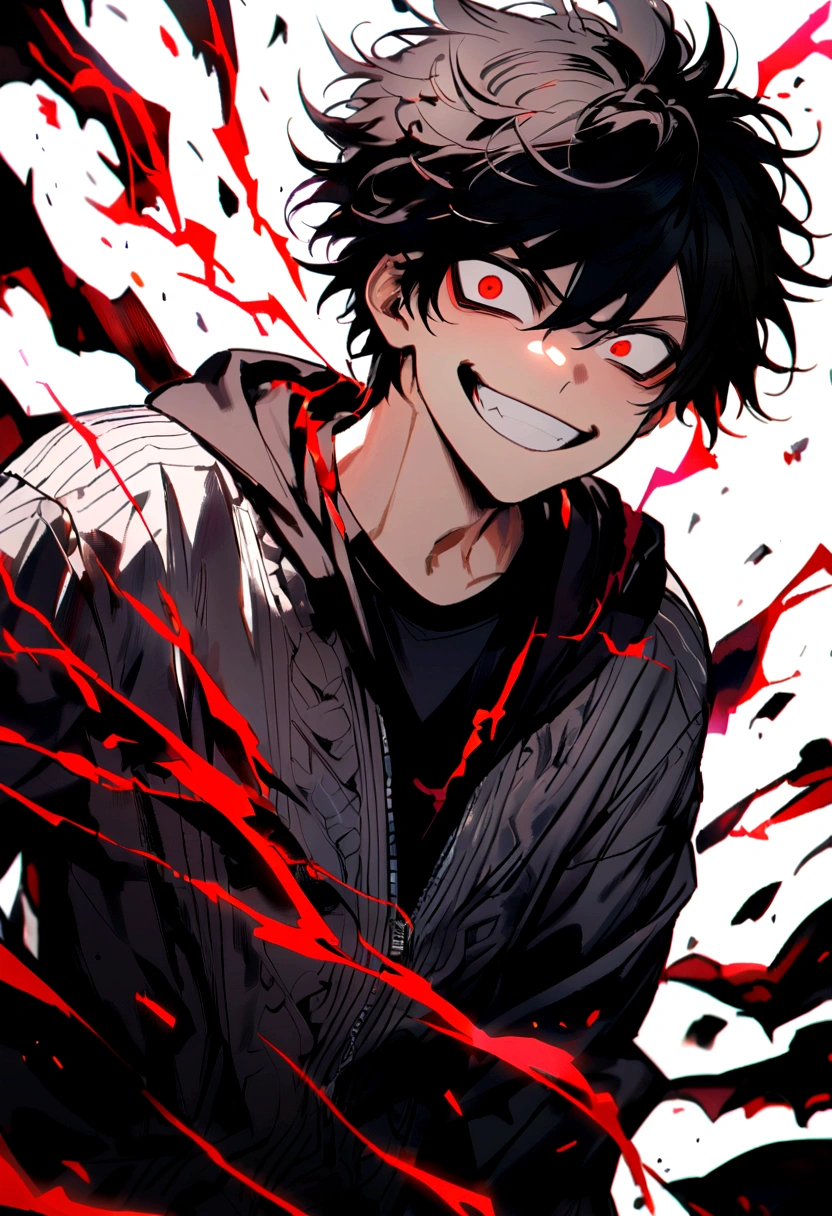 Man Long black hair black and white sweatshirt with red electricity on his body with a manic smile