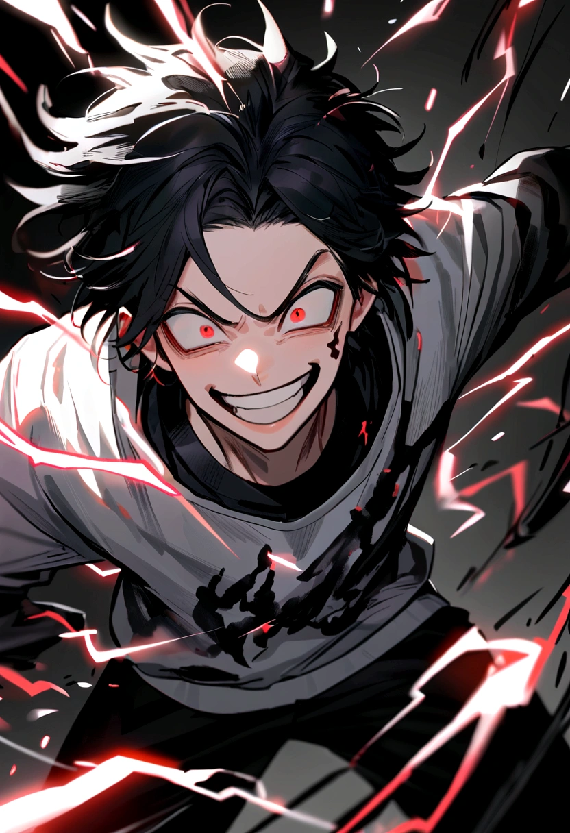 Man 17 years old Long black hair black and white sweatshirt with red electricity on his body with a manic smile