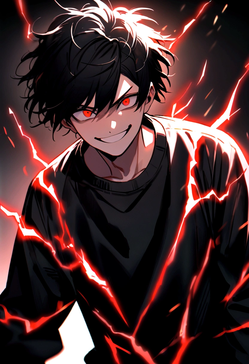 Man 17 years old Long black hair black and white sweatshirt with red electricity on his body with a manic smile