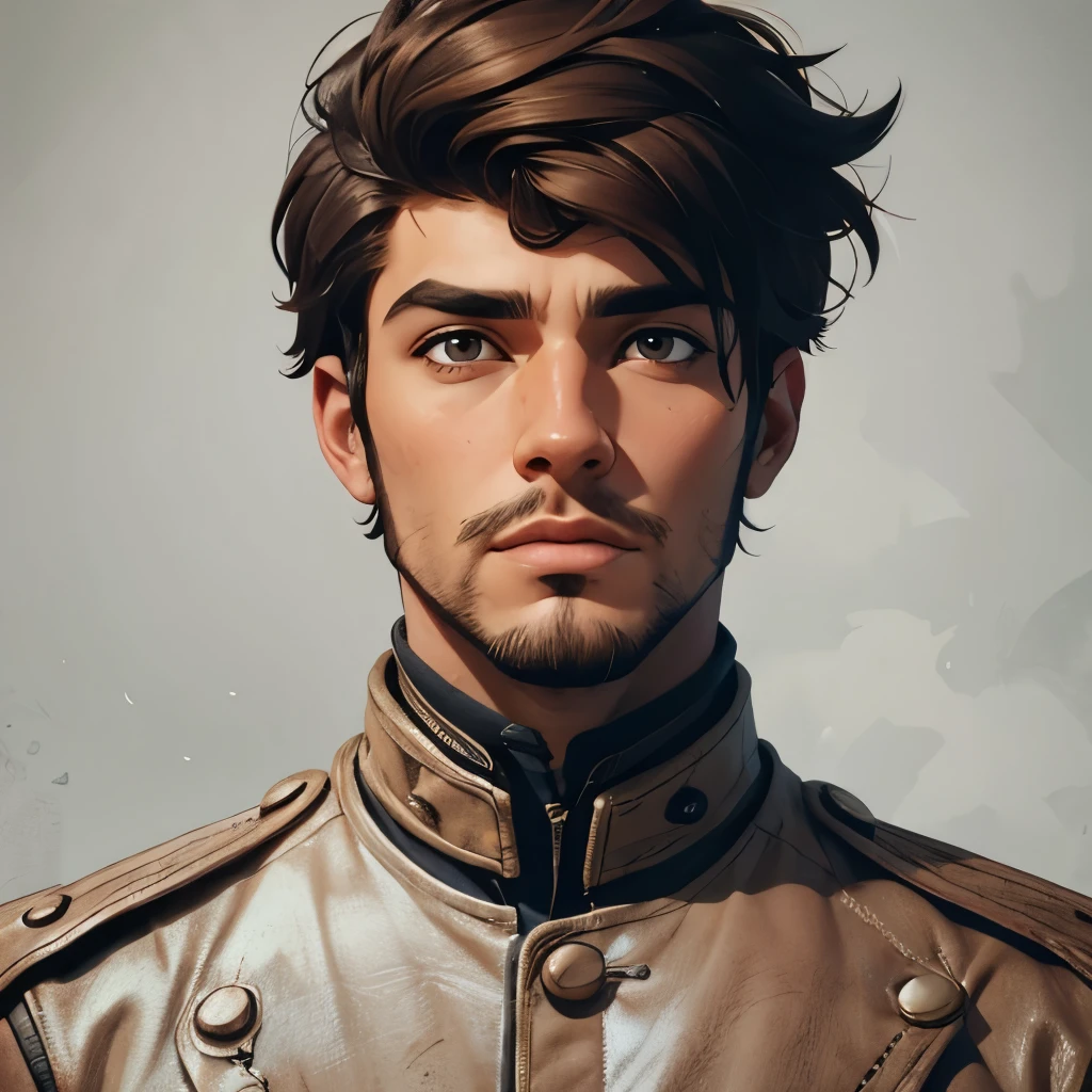 Create a man with a slightly brownish beard, light skin, Latino, from the front, with high quality, medium brown hair, light brown eyes, in the Renaissance style, cyberpunk style