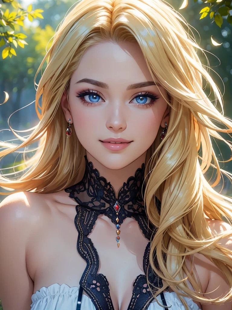 (Best quality,ultra detailed,Photorealistic:1.37),bright and rich colors,studio lighting,playful facial expression,stylish makeup, twilight,Blonde hair blowing in the wind,inviting eyes,glossy lips,sexy pose, I smile confidently and seductively,posing for a professional photo shoot,shallow depth of field,highlighting the main subject,soft natural light,Creating a dreamy and magical atmosphere.