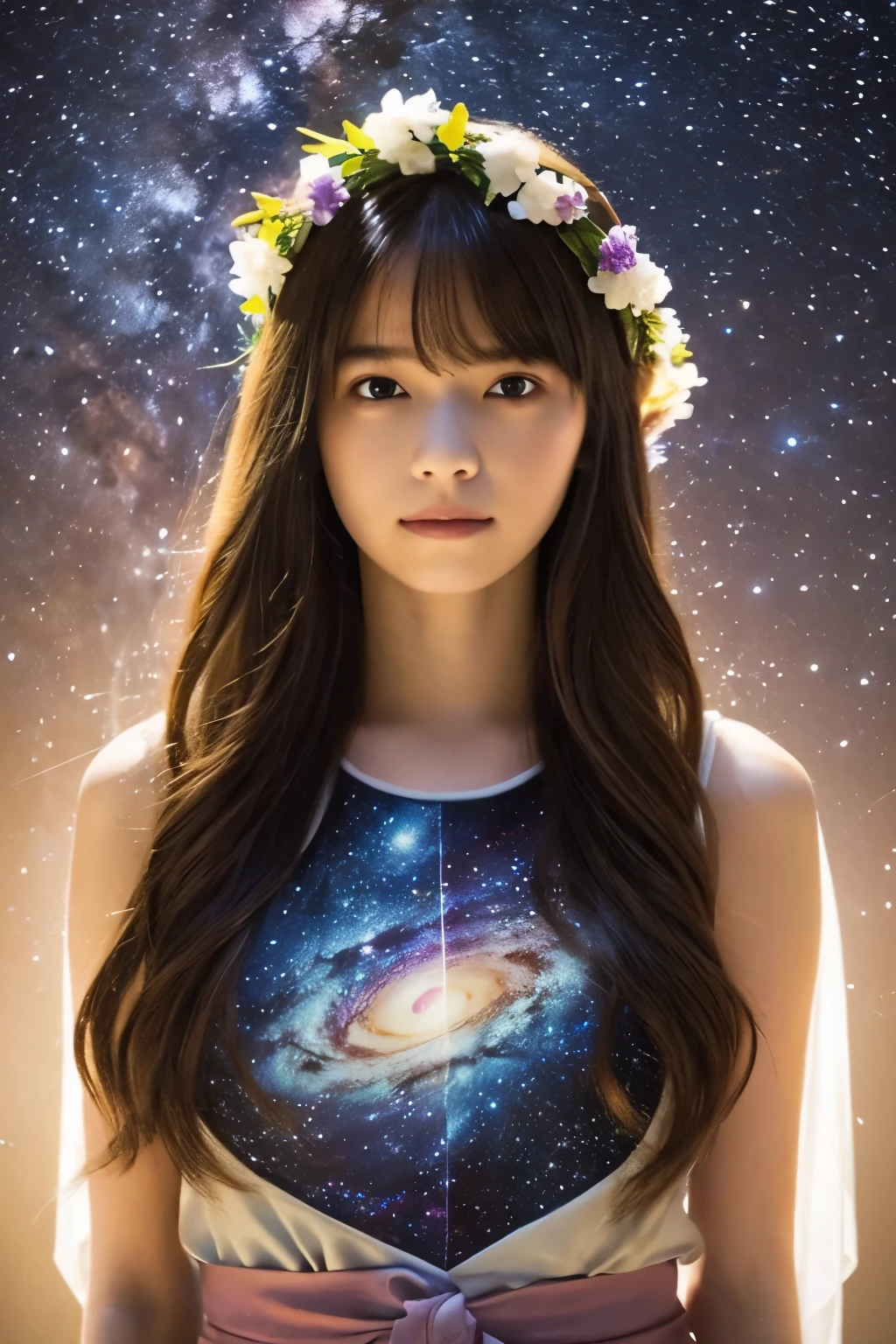 high quality, 最high quality, Tabletop, Detailed portrait of a woman 1 Girl, 14歳, Long Hair, (floating, space, milky way, colorful), Warm lighting, goddess, milky way, scenery, colorful hair wreath, {{{最high quality}}}, {{Very detailed}}, {shape}, Movie angle, {Detailed light},Cinema Lighting, Celestial, Dynamic pose