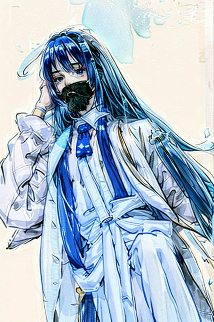 Anime that has blue hair, white suit and is handsome and is a man