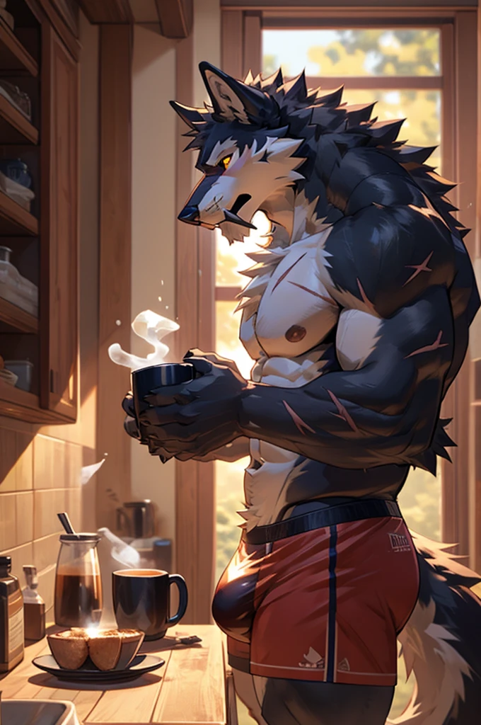 close up, furry, anthro, giant werewolf,wolf ears,wolf tail, dark grey and white fur, messy fur, neck floof, yellow glowing eyes, razor sharp teeth, sabertooth, long sabertooth, muscular body, handsome, monstrous, standing in a tiny house, making coffee, morning, alone, wearing tight red boxer briefs, white lining, giant bulge, body covered in scars, pawpads, black pawpads, best quality, 4K, UHD, masterpiece,