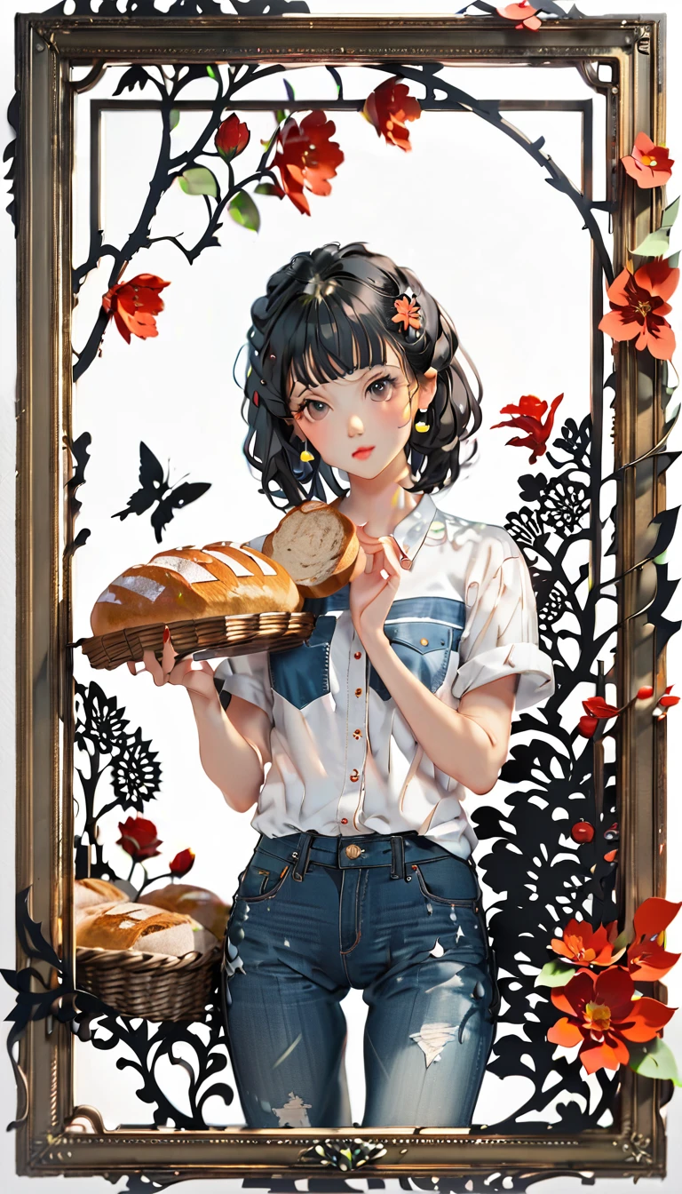 (((paper cutting style))), (frame of illustration is 3D paper cutting: 1.2), (denim and shirts), (black medium hair), (random angle), (random pose), 1 girl, bread