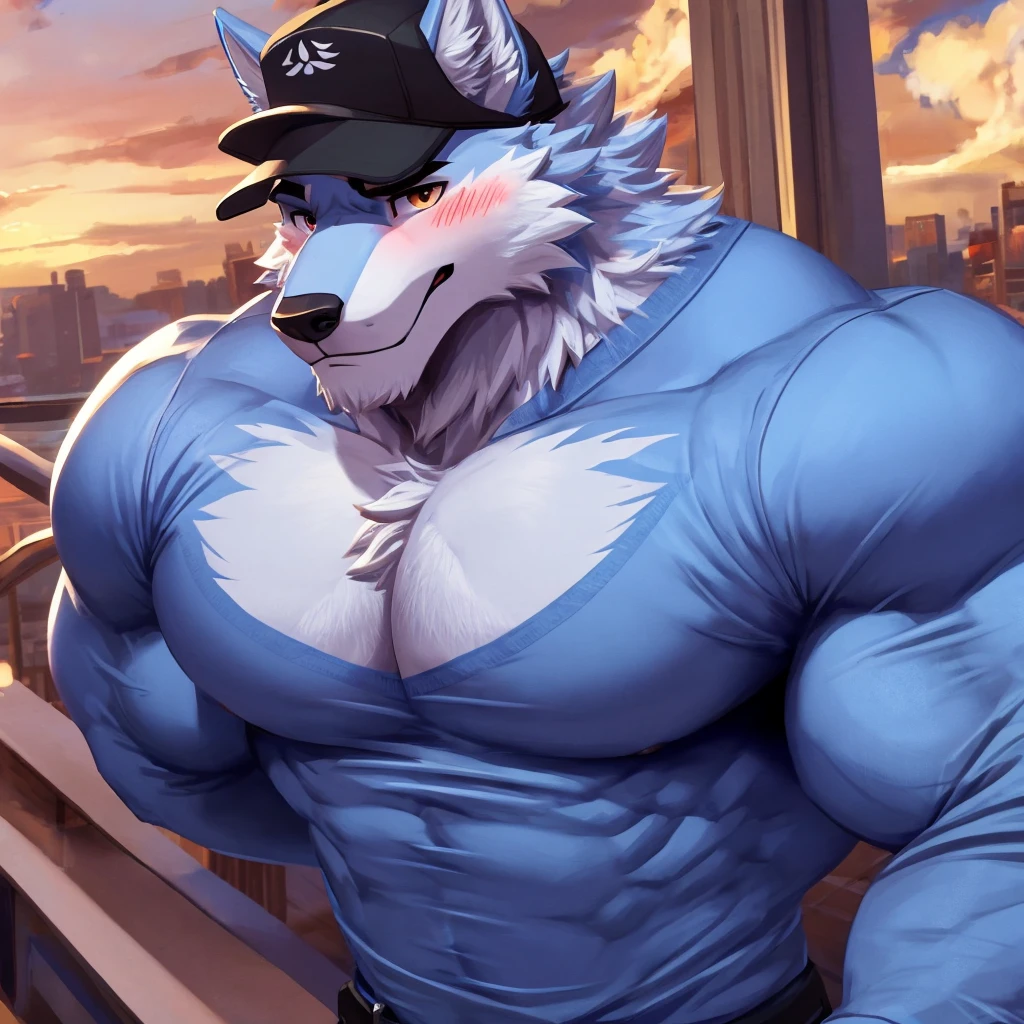 Wolf, Furry Anthro , Light Blue wolf , Light Blue Fur , sexy , bara , muscle , big chest , big butt ,Wearing black cap,(Front Cap), wearing long sleeve shirt , (tight shirt), Blushing , cute face , handsome ,Sharp looking, (ultra details) , (4k) , (masterpiece), (Best quality) ,Solo