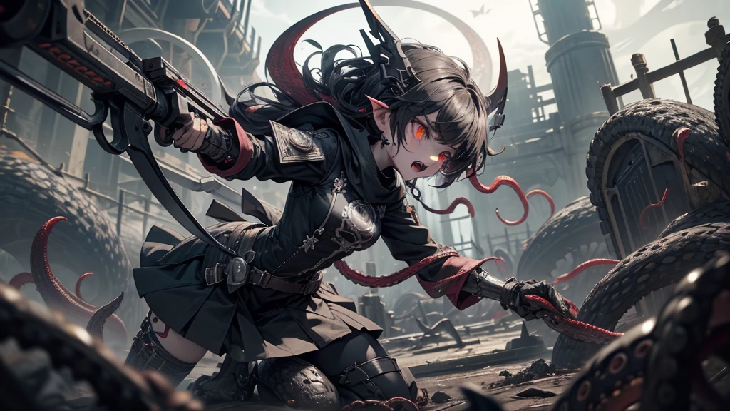 Shield Aegis black ore Robot steampump Girl Automatic, dark mechanisms, Aberrant flail weapon lies, Nightmare Creature, ready for action. This mangrove weapon is a grotesque monster.., с скрученнымand tentacles, forming a continuation of the weapon. Each tentacle ends in an eyelid with sharp teeth and fangs., speakers, like deadly blades. The body of the weapon is decorated with manic eyes, filled with sewn by human hands, and tentacles, squirming, Like snakes.. Although I'm chained, Аберрантное Мангуальное Weapon демонстрирует выражение безумия и крайнего безумия., as if it were a living continuation of chaos, inhabiting the dungeon.. Your eyes shine with an alarming intensity. The environment is ominous, with damp stone walls and silence, which seems oppressive. Aberrant Mangual Weapon - Cursed Relic., Weapon, which defies all notions of sanity and can cause destruction at any moment..
