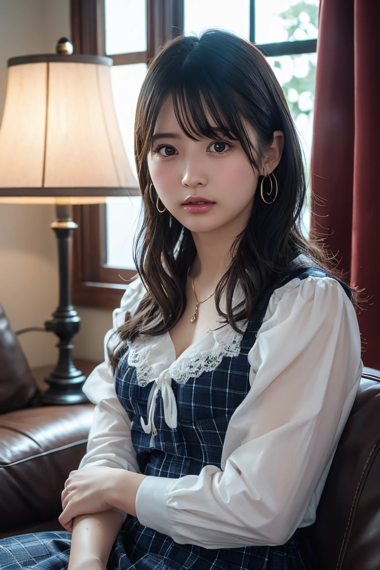 (Highest quality:1.4),(masterpiece:1.4),(Realistic:1.4),(Realistic:1.2),(超High resolution, RAW Photos:1.4),(High resolution, Ultra-detailed:1.2),(8K:1.2),View your viewers,Cinematic photography,One girl,skeletally correct，Black-haired woman，(Small earrings，necklace，Sweet Lolita，View from the front),（Western-style building interior，Dimly lit room，The lamplight shines on my cheeks，Sit on the sofa）