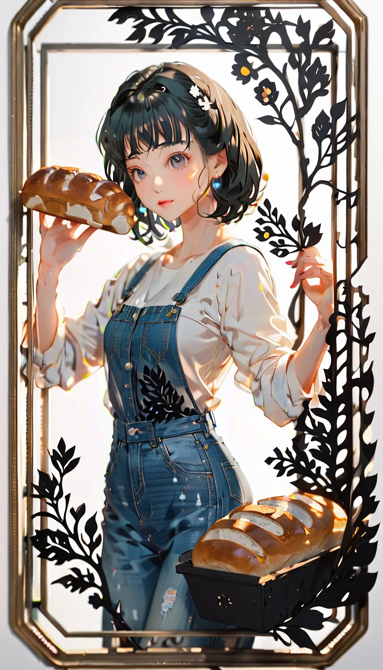 (((paper cutting style))), (frame of illustration is 3D paper cutting: 1.2), (denim and shirts), (black medium hair), (random angle), (random pose), 1 girl, bread