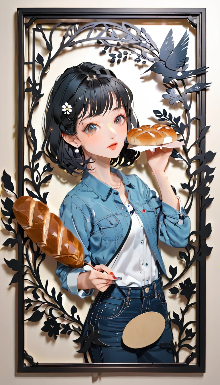 (((paper cutting style))), (frame of illustration is 3D paper cutting: 1.2), (denim and shirts), (black medium hair), (random angle), (random pose), 1 girl, bread