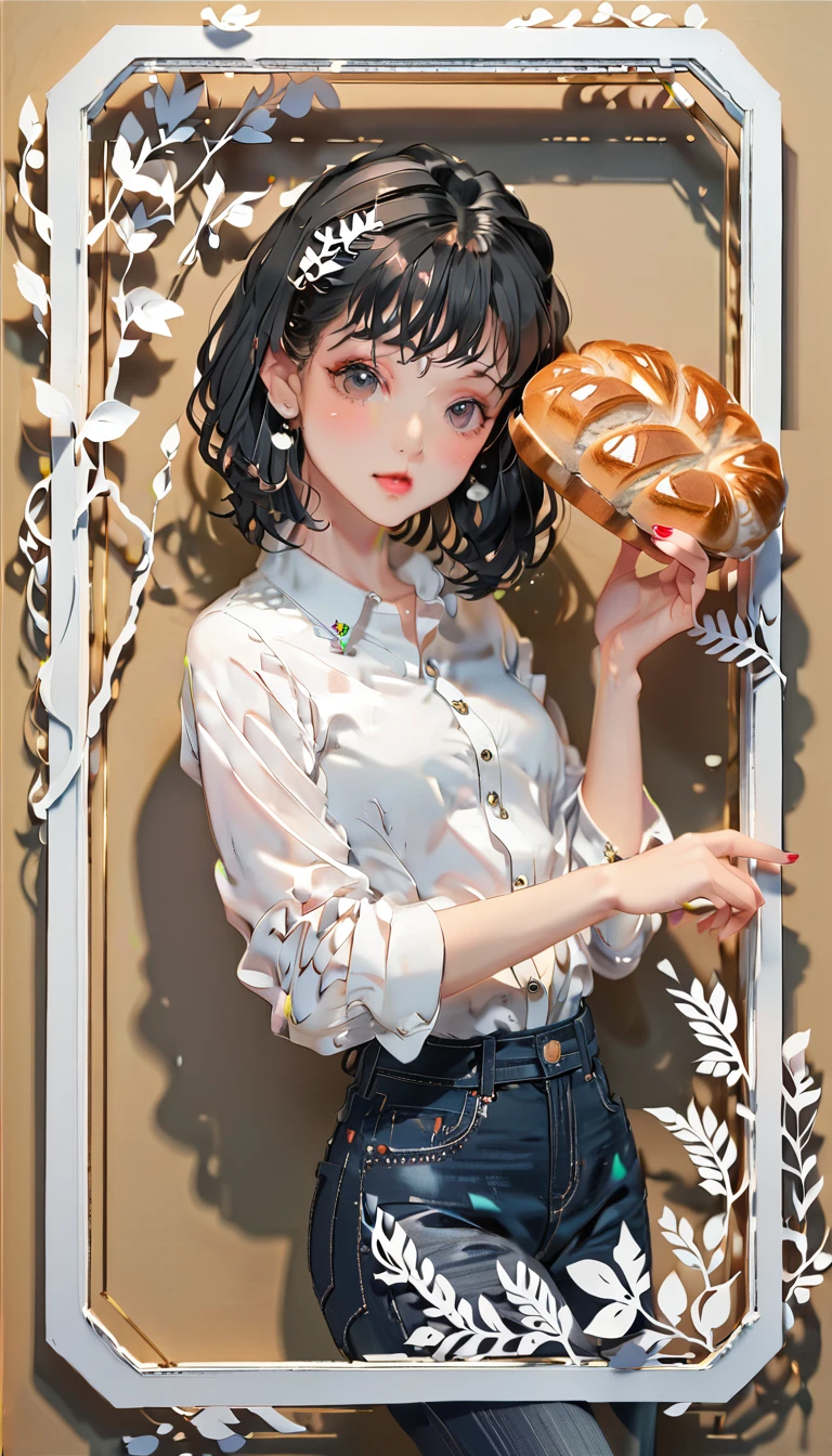 (((paper cutting style))), (frame of illustration is 3D paper cutting: 1.2), (denim and shirts), (black medium hair), (random angle), (random pose), 1 girl, bread