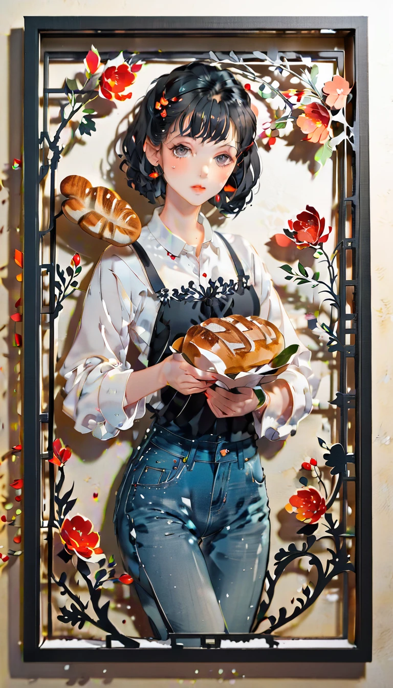 (((paper cutting style))), (frame of illustration is 3D paper cutting: 1.2), (denim and shirts), (black medium hair), (random angle), (random pose), 1 girl, bread