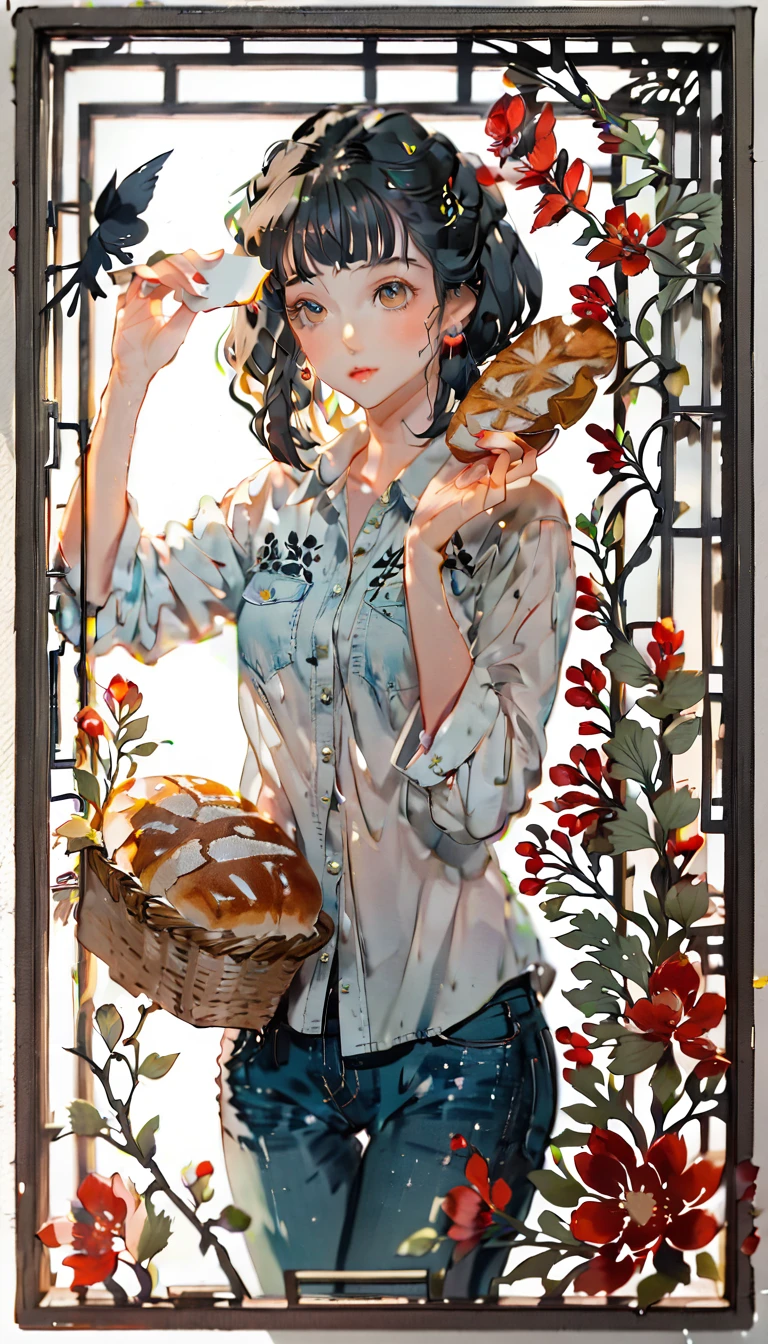 (((paper cutting style))), (frame of illustration is 3D paper cutting: 1.2), (denim and shirts), (black medium hair), (random angle), (random pose), 1 girl, bread