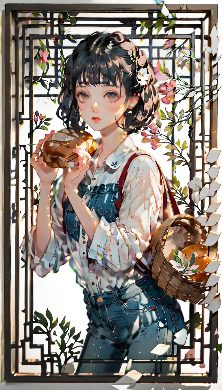 (((paper cutting style))), (frame of illustration is 3D paper cutting: 1.2), (denim and shirts), (black medium hair), (random angle), (random pose), 1 girl, bread