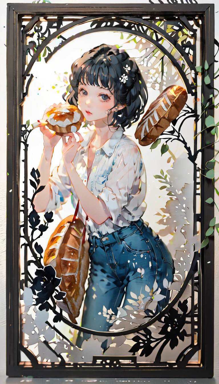 (((paper cutting style))), (frame of illustration is 3D paper cutting: 1.2), (denim and shirts), (black medium hair), (random angle), (random pose), 1 girl, bread