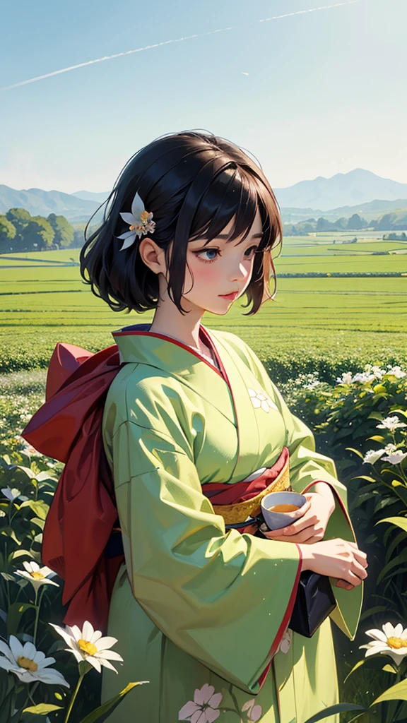 Fairy tale illustration by Reiko Ikemura, Pixabay, simple art, full color illustration, cute fairy tale illustration, picture book illustration, illustration, Hayao Miyazaki style tea picking girl, In the field, kimono, kimono  