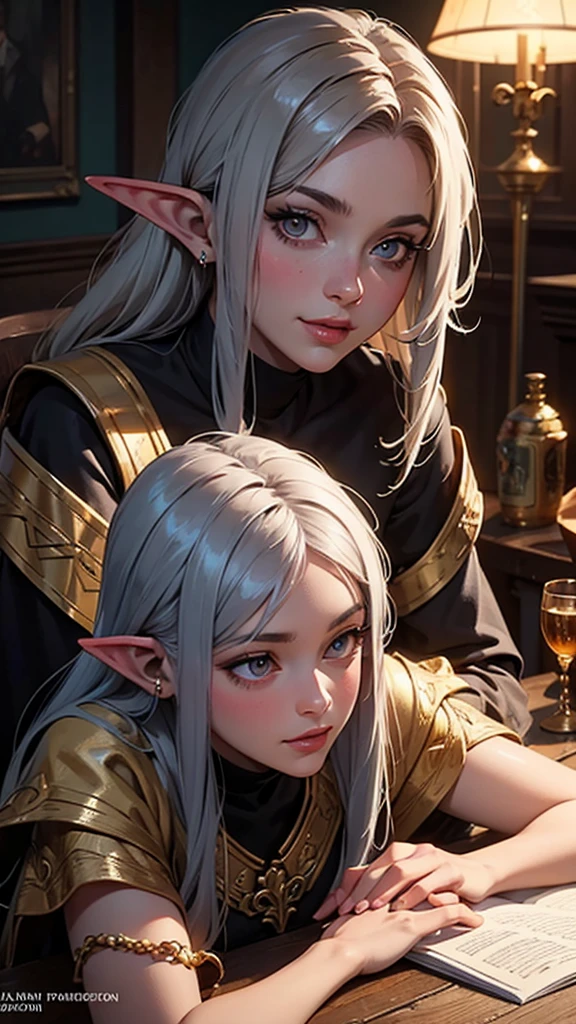 best quality,Masterpiece,Masterpiece portrait,complicated details,great light,Fantasy,dungeon & dragon,Retro,priest,dark elf,1 girl,Wooden table,tavern,gray skin,elegant smile,squint,Close-up of Drow Person, Mycenaean woman wearing gold jewelry., spider:0.9, filament:1.0, Fantasy, Volumetric light, concept art, brush stroke style, art station, It&#39;s coming on strong., Highly detailed, Artwork by Greg Rutkowski.  