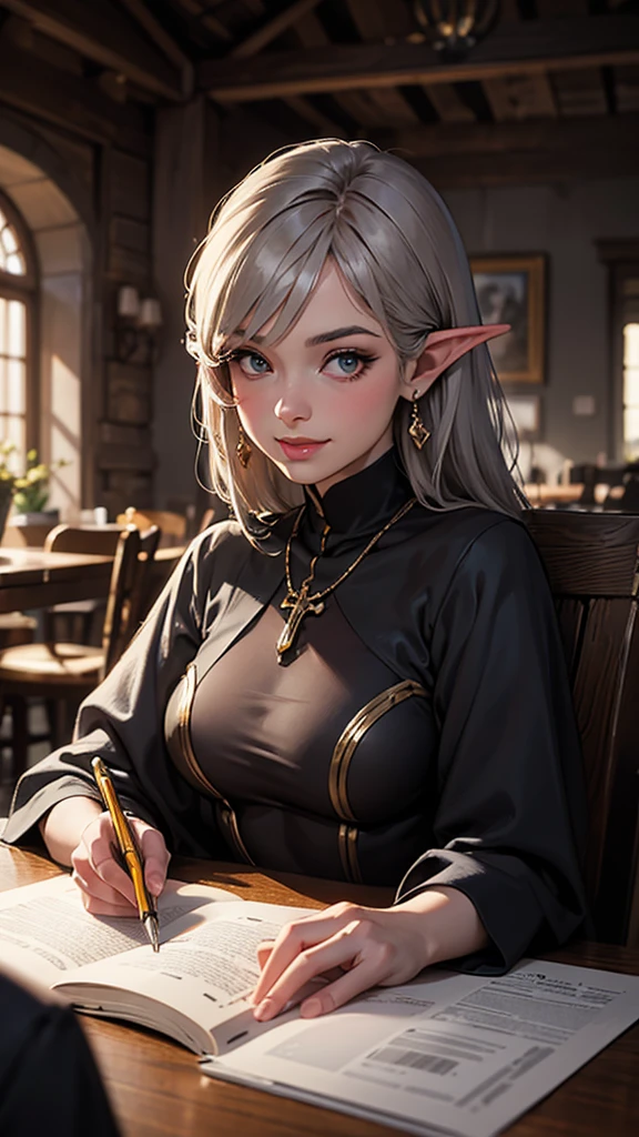 best quality,Masterpiece,Masterpiece portrait,complicated details,great light,Fantasy,dungeon & dragon,Retro,priest,dark elf,1 girl,Wooden table,tavern,gray skin,elegant smile,squint,Close-up of Drow Person, Mycenaean woman wearing gold jewelry., spider:0.9, filament:1.0, Fantasy, Volumetric light, concept art, brush stroke style, art station, It&#39;s coming on strong., Highly detailed, Artwork by Greg Rutkowski.  