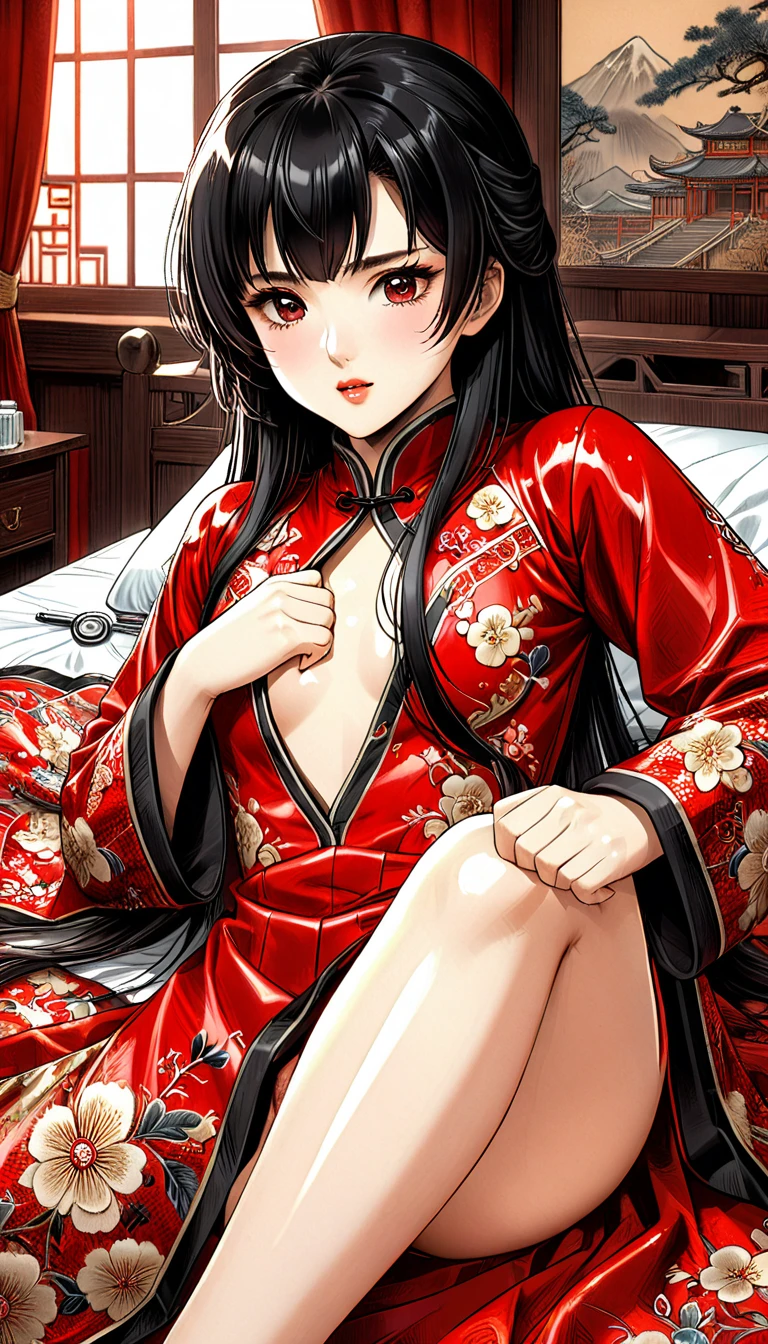 A tragic historical drama in 8k live-action style: Beautiful palace secrets A beautiful 5-year-old Chinese Kung Fu princess with long black hair is being examined by a doctor Gorgeous embroidery, Ultra glossy, She is wearing a shiny red top and bottom long sleeve floral pajama kung fu suit.... She lies on a floral duvet and shows her pussy to the doctor