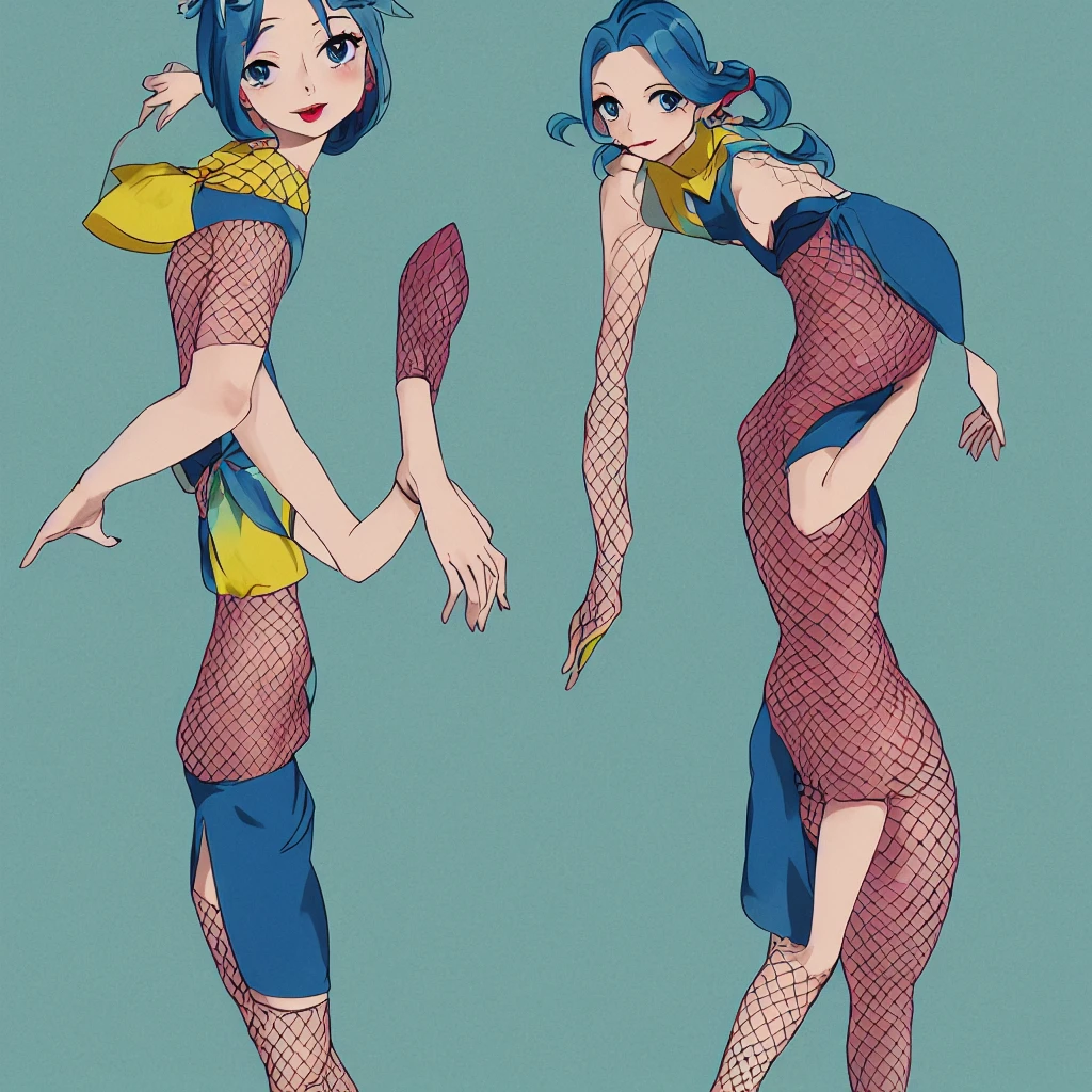 sorimachi-doufu, meyoco, tira27, 1girl, solo, pastel blue hair, short mullet hairstyle, (long strands in front:1.1), short hairstyle, narrow eyes, blue eyes, bangs, lipstick on the lips, standing, detached sleeves, dress, fishnets, gothic, high heels, red footwear, rose, side slit, fishnet stockings