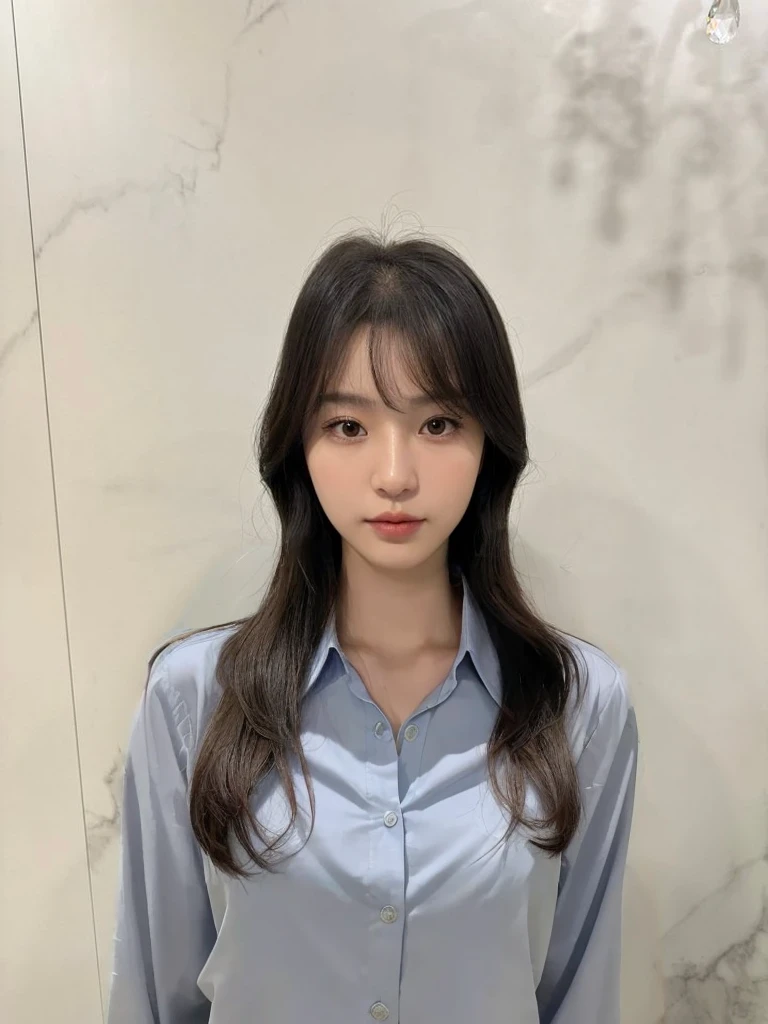 Best Quality, 8k, Masterpiece, (Portrait: 1.3), (photo realistic:1.4), (hyper realistic:1.4), Sharp Focus, looking at viewer, (smoother lighting:1.1), (increase cinematic lighting quality:0.9), realistic lighting, backlighting, light on face, ray trace, (brightening light:1.2), (Increase quality:1.4), sharp detail, (best quality real texture skin:1.4), finely detailed eyes, black_eyes, finely detailed face, 25 year old Korean woman, (white formal_shirt:1.4), (Create an image maintaining the original base model hairstyle:1.5)