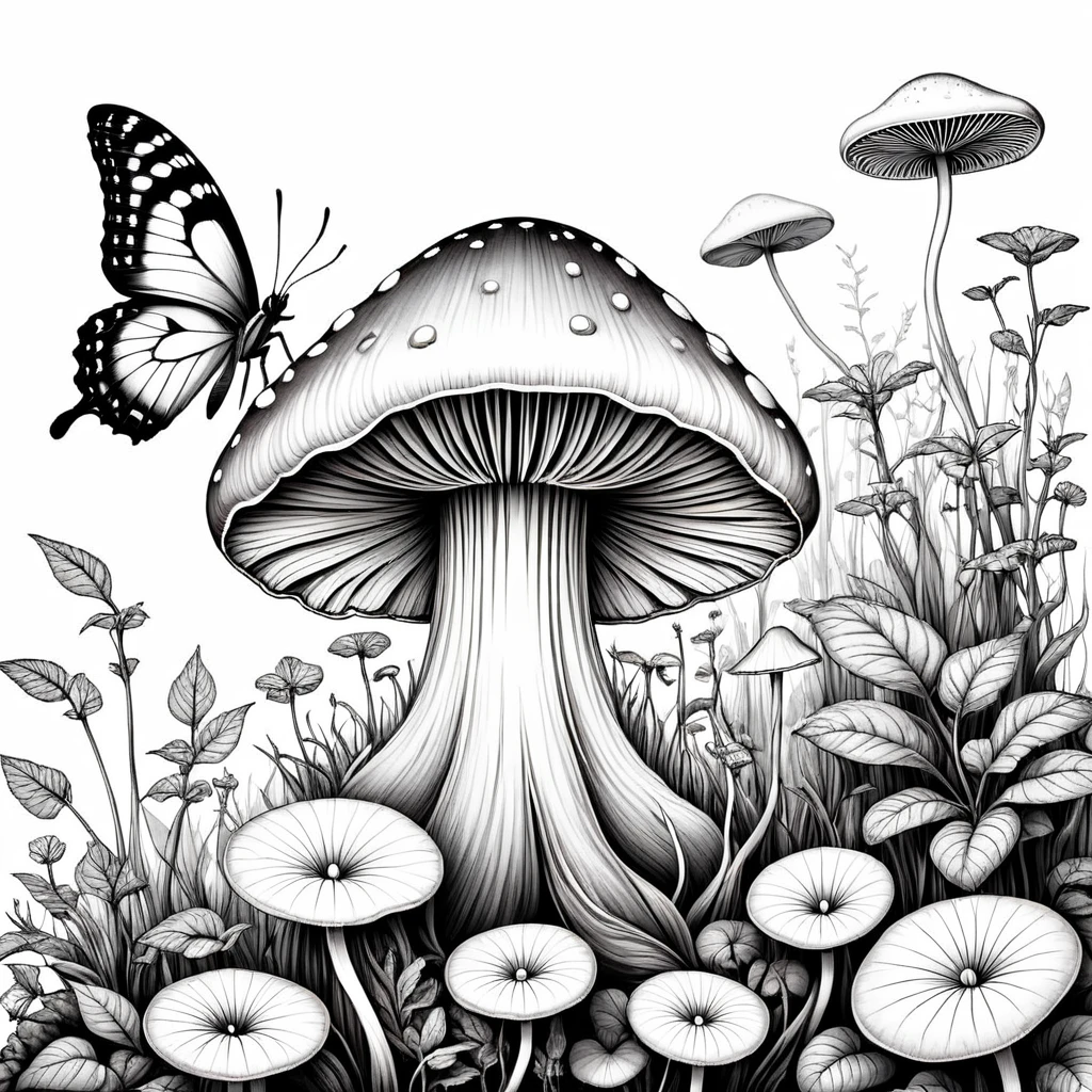 line drawing of magic mushroom and butterfly, On white background, monochrome, black andwhite, no shadows, white background