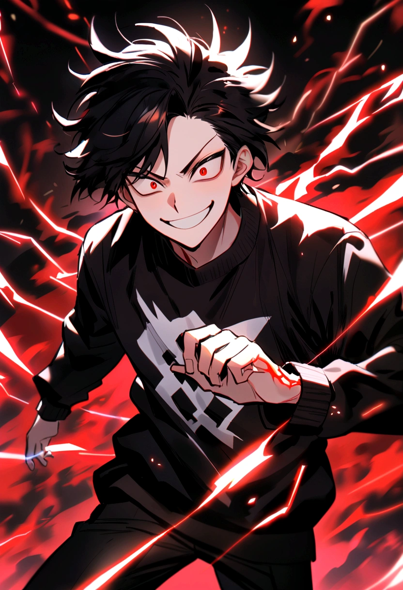 Man Long black hair black and white sweatshirt with red electricity on his body with a manic smile
