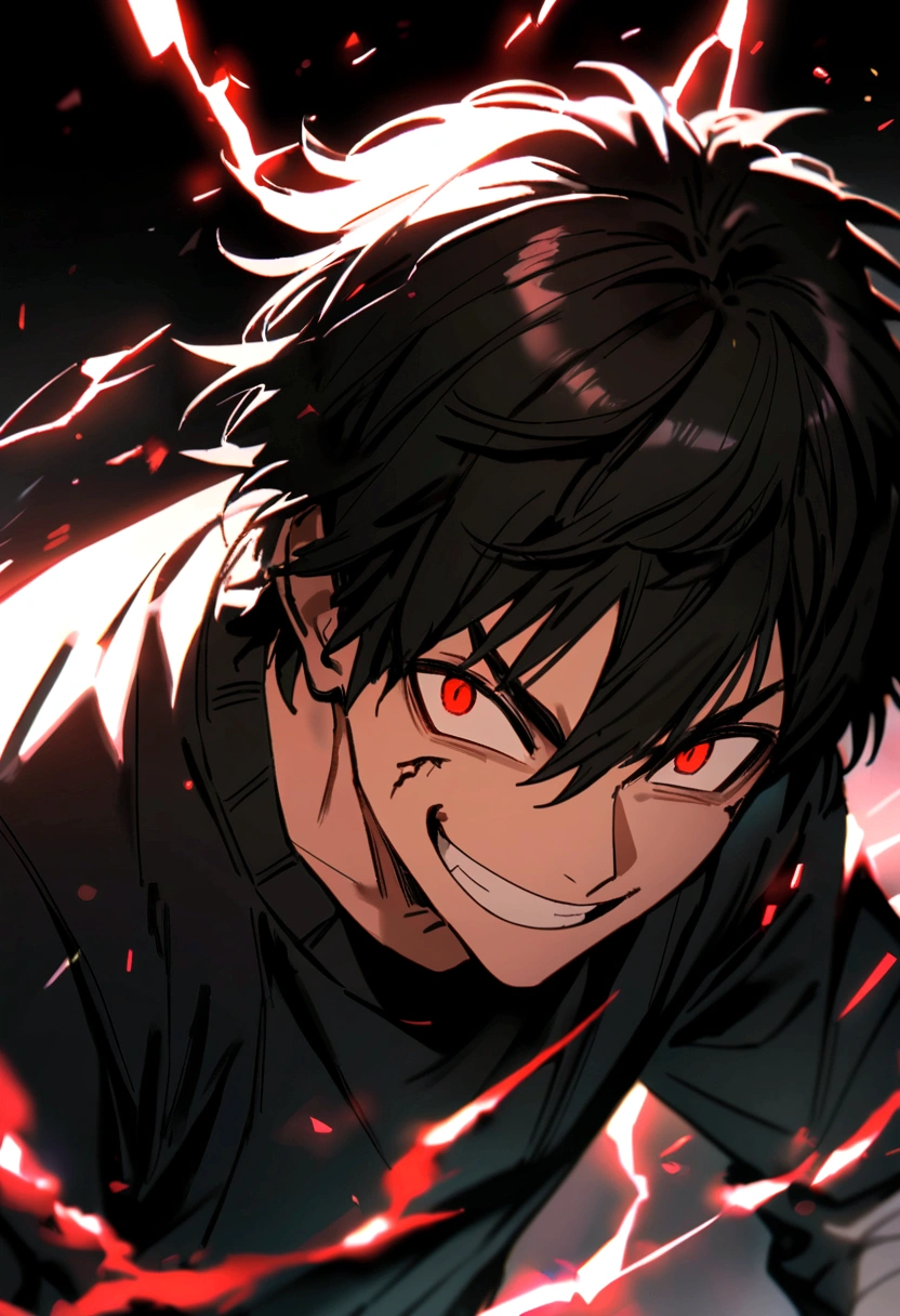Man Long black hair black and white sweatshirt with red electricity on his body with a manic smile