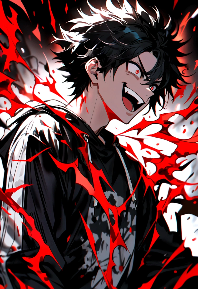 Man Long black hair black and white sweatshirt with red electricity on his body with a manic smile