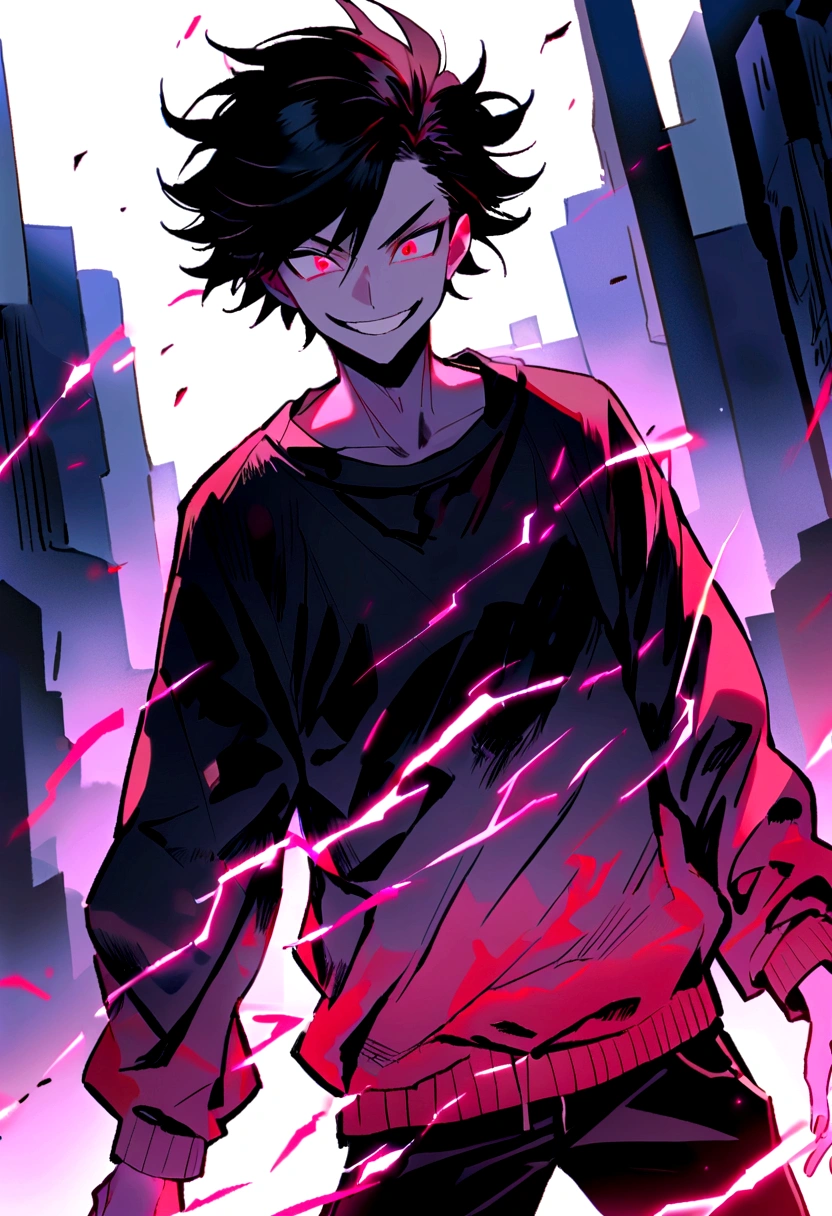 Man Long black hair black and white sweatshirt with red electricity on his body with a manic smile