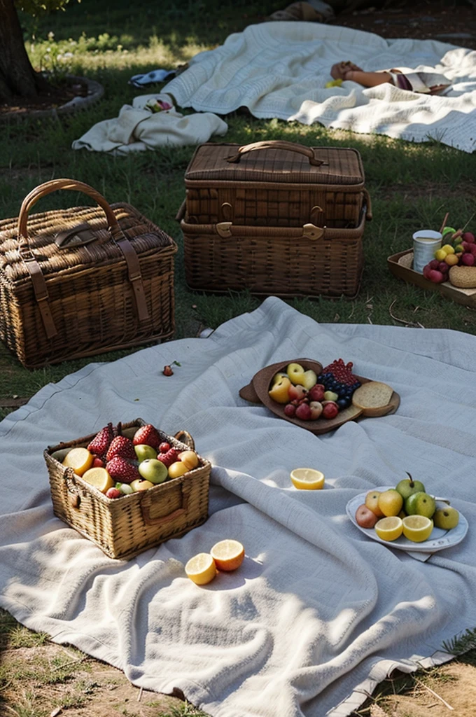Picnic in nature , a blanket was laid on the floor , and there is food and fruit on the bedspread