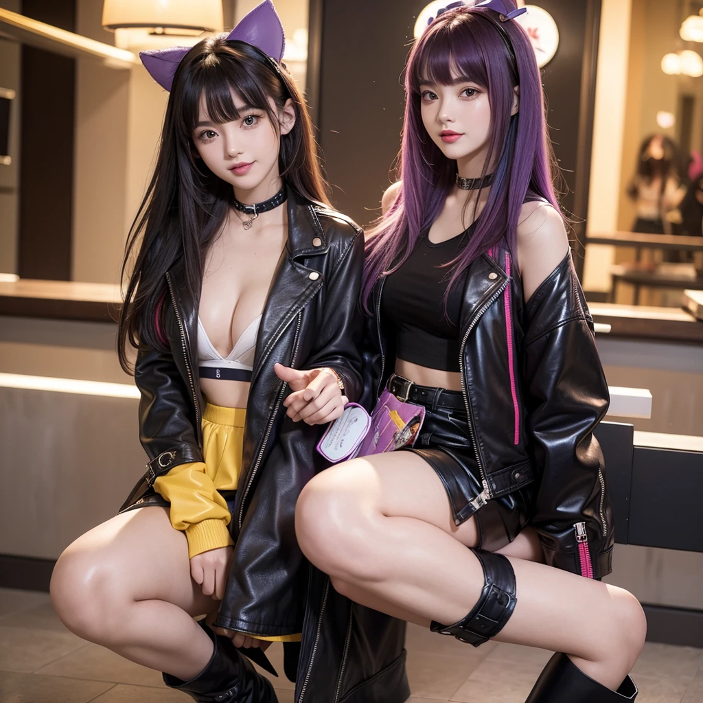 bangs down，beautiful girl，Purple Leather Jacket，future fashion，Absurd，Maid clotheasterpiece，perfect face，perfect breasts，long hair，Outstanding style，stimulating，Cute outfits，Horny girl，double eyelid，Naughty Girls，Erotic and cute，mini skirt，ribbon on uniform，colorful hair color，yellow eyes，leather jacket，horny girl，Knee-high boots， Colorful，multicoloured，future fashion，smile，，zipper bra，Multicolored clothing