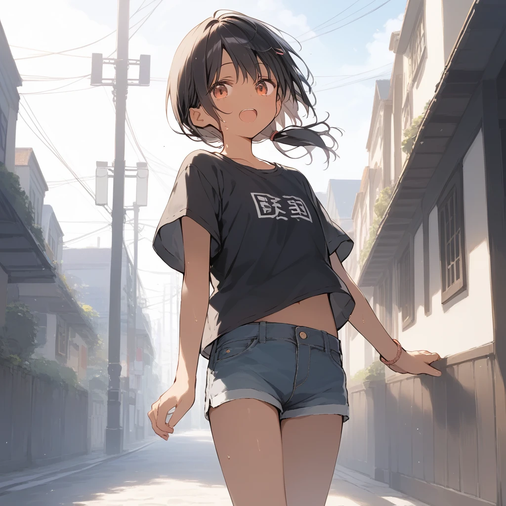 score_9, score_8_up, score_7_up, source_anime, best quality, masterpiece, official art, absurdres, highres, ultra-detailed,waifu2x,Collection: Slice of Life,break,1girl, tomboy, dark-skinned female, short hair, low ponytail, flat chest, beautiful detailed eyes, short shorts, sweat, open mouth, (yawn:0.3), sleepily, outdoors, wind, break,(clear line illustration:1.2),very high resolution, very aesthetic, super detailed skin, Best sexual lighting powered by famous artist, 8k,cute picture,beauty illustration,photoshop_(medium),,(Detailed Lighting),best anime 8k konachan wallpaper, pixiv contest winner, 