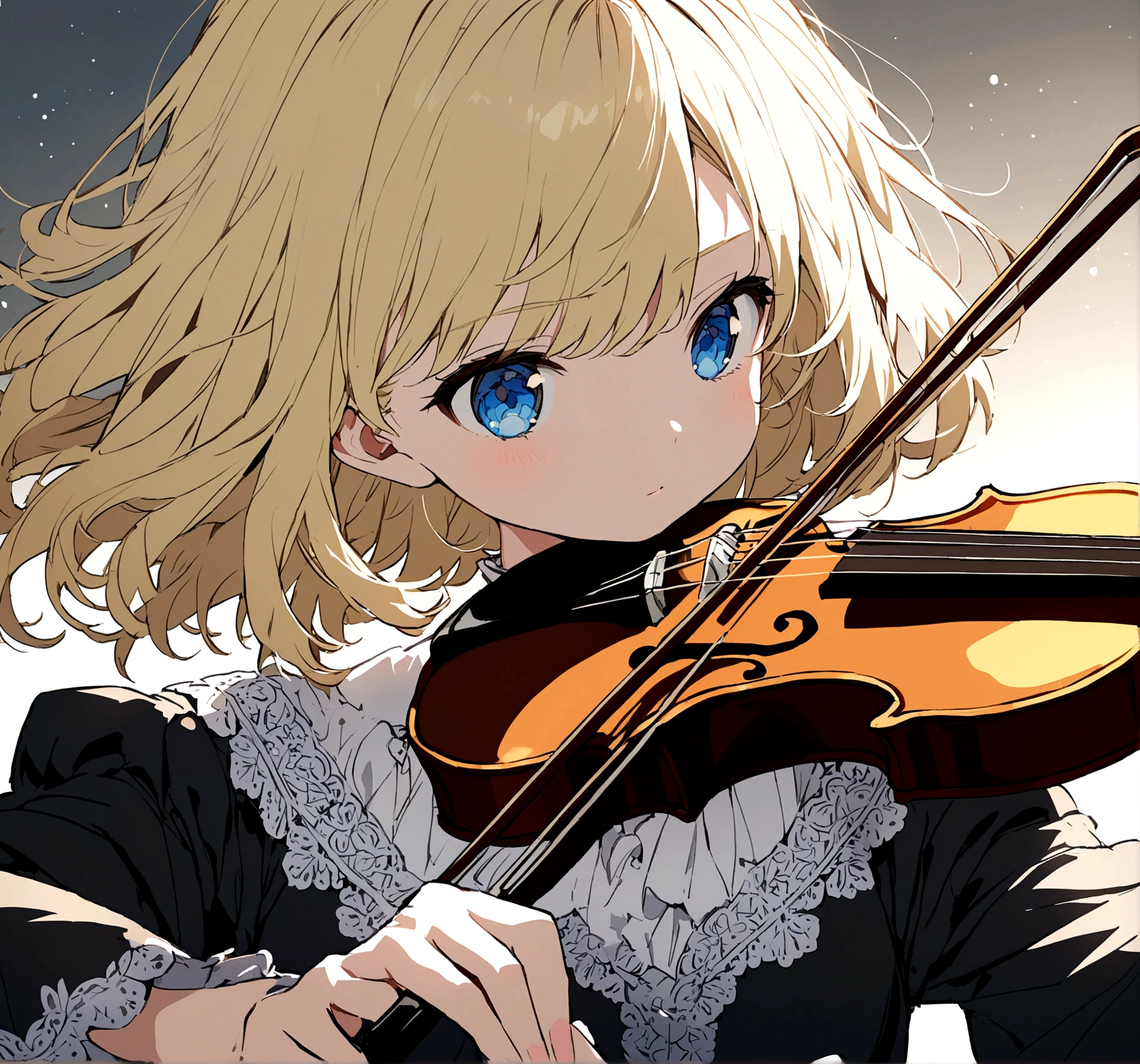 Anime girl with short blonde hair and blue eyes playing the violin