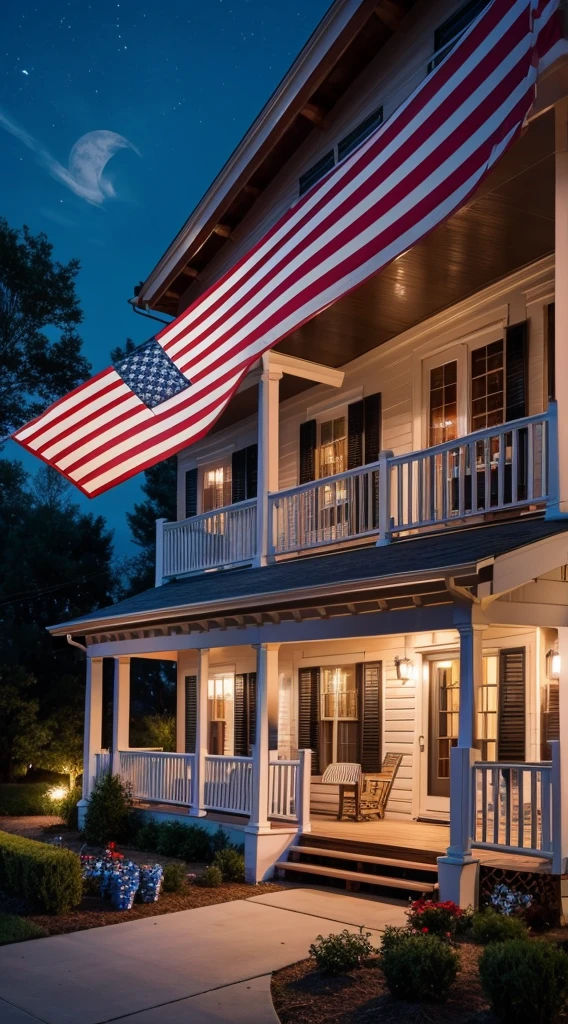 july, patriotic, american, house porch, night, old pick-up track