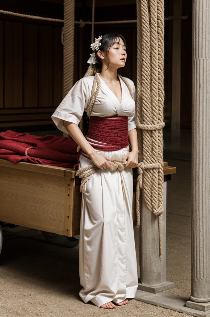 masterpiece,highest quality,very detailed,1 girl,alone,Whooping,face down,open mouth,unconscious,close your eyes,Sweat,Sweatdrop,blush,very big breasts,
long hair,blonde,short sleeve,miko clothes,white sleeves,removed sleeve,red hakama,long skirt,White priestess uniform,
Wagon car tied up,BDSM,(((shibari over clothes,rope,bound,restrained,against pillars))),pillars