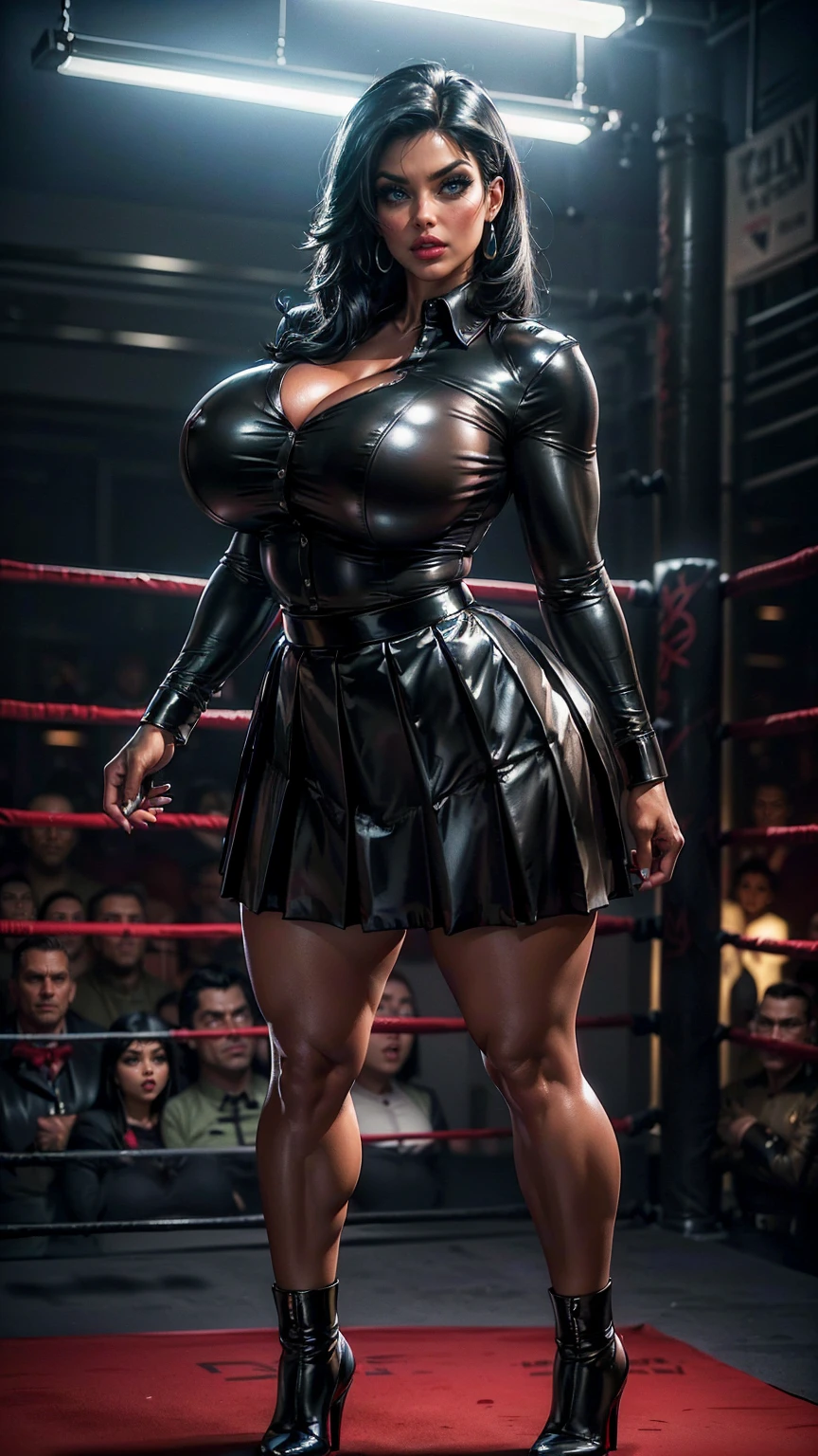 (​masterpiece, Top quality, best quality, official art, beautiful and aesthetic: 1.2), ((curvy thicc mature Denise Milani:1.3)), beautiful supermodel face, ((black leather long-sleeved formal army shirt, buttoned up:1.5)), ((long black leather pleated skirt:1.5)), ((short, straight jet-black hair:1.4)), (tiny waist), ((thicc, thick thighs:1.5)), ((beautiful large green eyes):1.3), (intimidating pose in a boxing ring), (full-body portrait), (vivid colors), (metallic textures), (hot red lips, makeup:1.3), sexy fighter, prominent breasts, rock solid breasts, missile shaped breasts that defy gravity, (full body portrait:1.3), big_boltedontits, boltedontits, th3p1t, sakimichan,