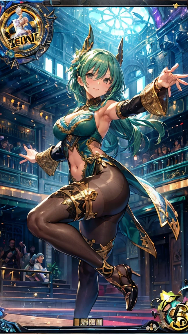 (1 mature dancer,Full Body Tights,Age 35), ((Pub,guild)),(smile),Dynamic pose,Dynamic Angle,Pose for a photo,From below,Elderly woman、Trading Card Game Frames、Highest Rare、Five Fingers、Signature mark、Recovery Officer、Big Butt、Green Hair、Sexy Costumes、dancer