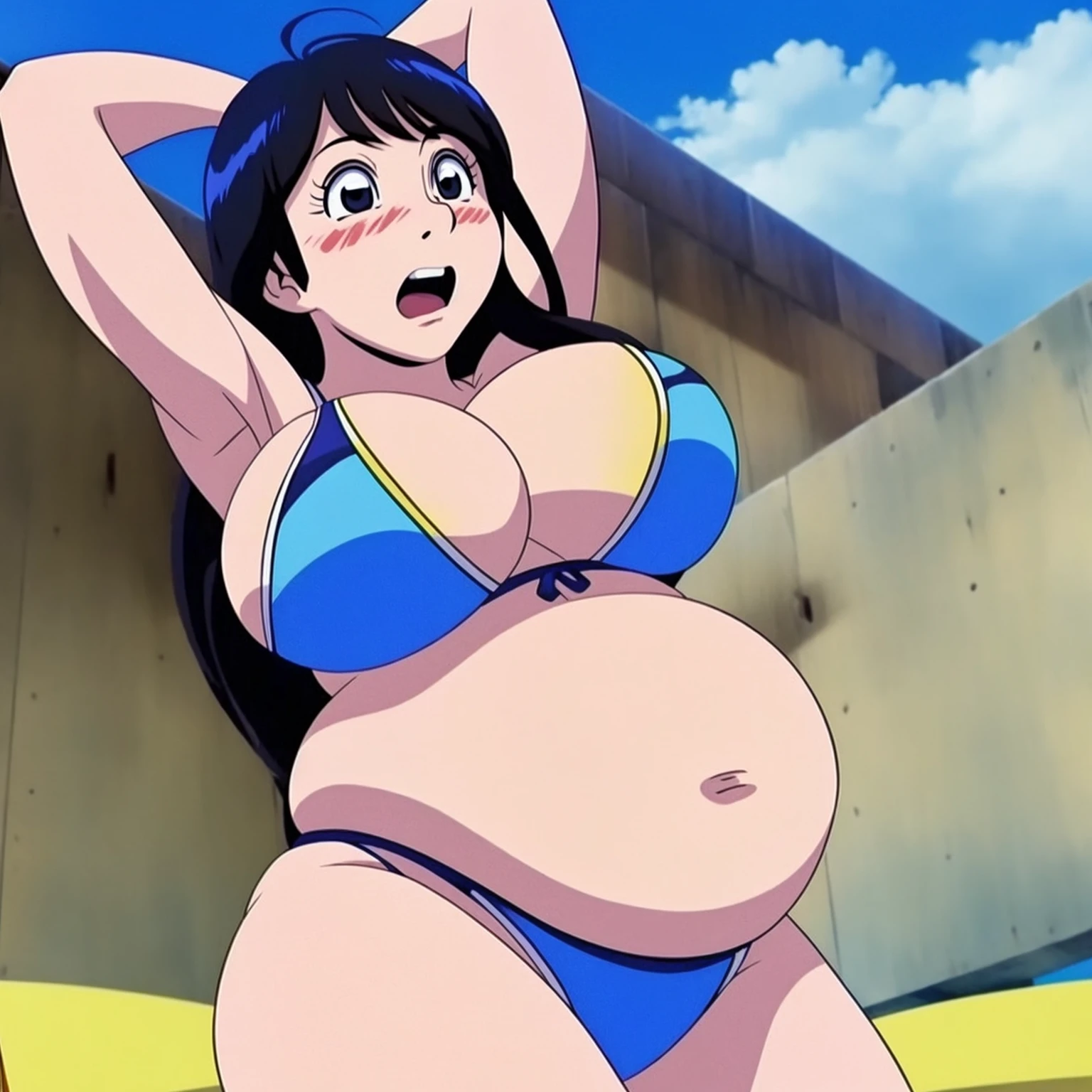 nakanotami mina,airmaster, big breasts,black hair,long hair,shibata yokusaru style,wide hip,bikini,beach,blush, ((big belly, massive belly, giant belly)), shocked, open mouth, (hands behind head:1.4), (solo:1.5)