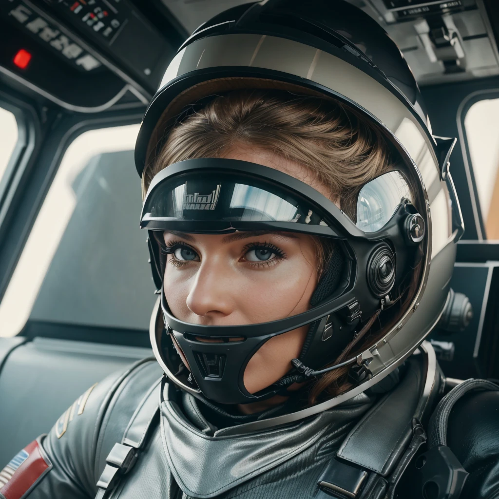 a close up of a woman in a helmet and a helmet on, 2 0 2 1 cinematic 4 k framegrab, barbarella, by Anna Katharina Block, fighter pilot in the cockpit, moody : : wes anderson, retro photography, furious gorgeous woman, sixties, faster, awarded on cgsociety, pompadour, nascar, 2015 cinematography