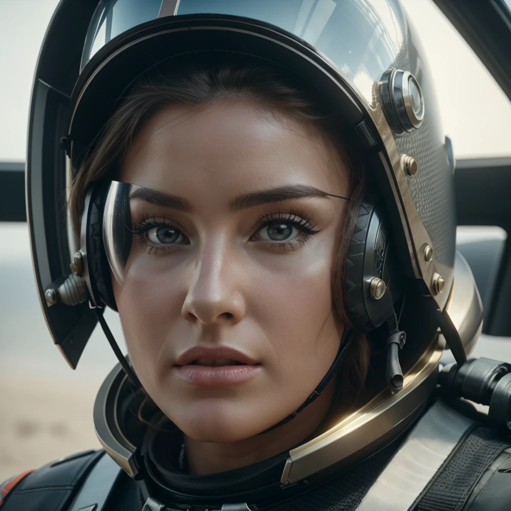 a close up of a woman in a helmet and a helmet on, 2 0 2 1 cinematic 4 k framegrab, barbarella, by Anna Katharina Block, fighter pilot in the cockpit, moody : : wes anderson, retro photography, furious gorgeous woman, sixties, faster, awarded on cgsociety, pompadour, nascar, 2015 cinematography